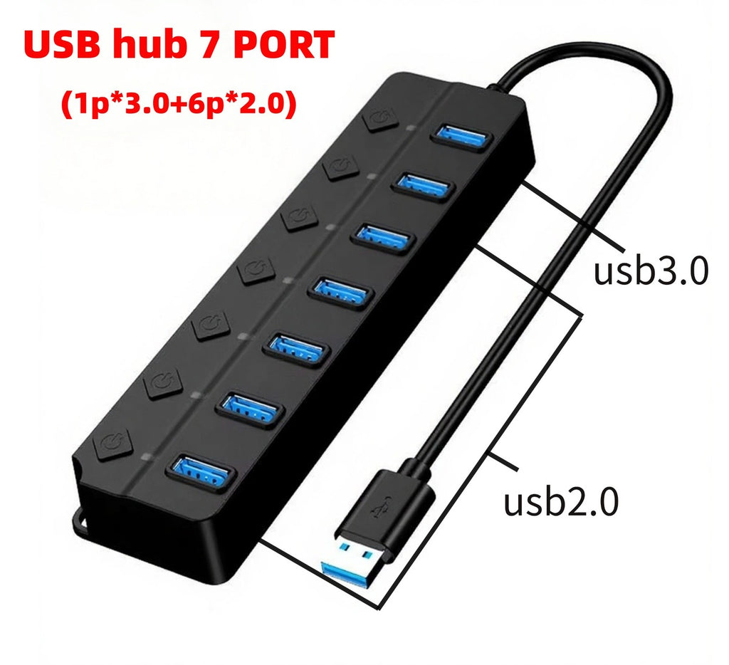 7‑Port High‑Speed USB 3.0 Hub with Power Adapter, Switch & Extended Cable