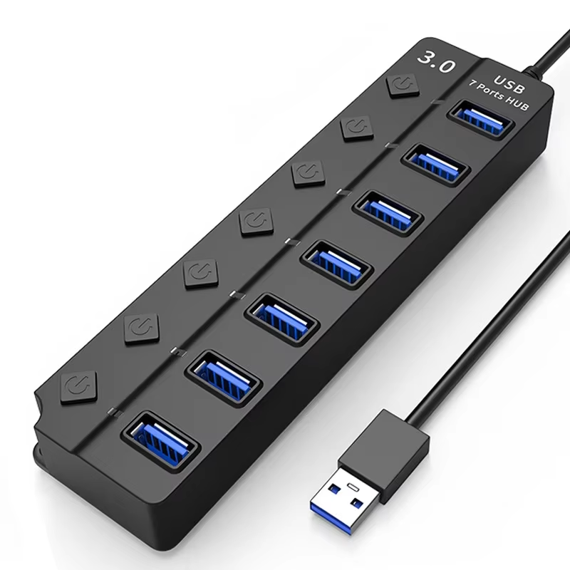 7‑Port High‑Speed USB 3.0 Hub with Power Adapter, Switch & Extended Cable