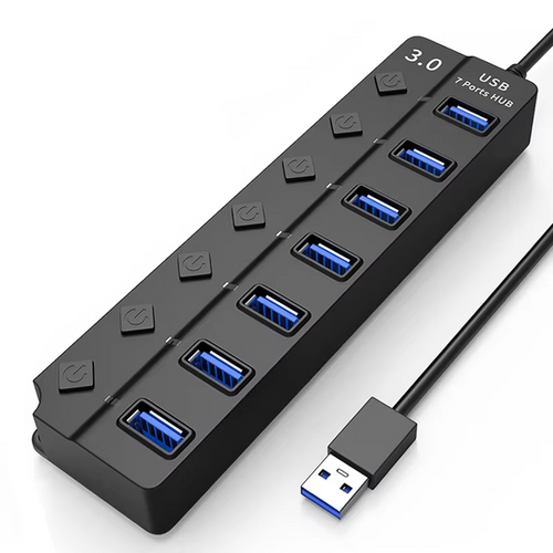7‑Port High‑Speed USB 3.0 Hub with Power Adapter, Switch & Extended Cable