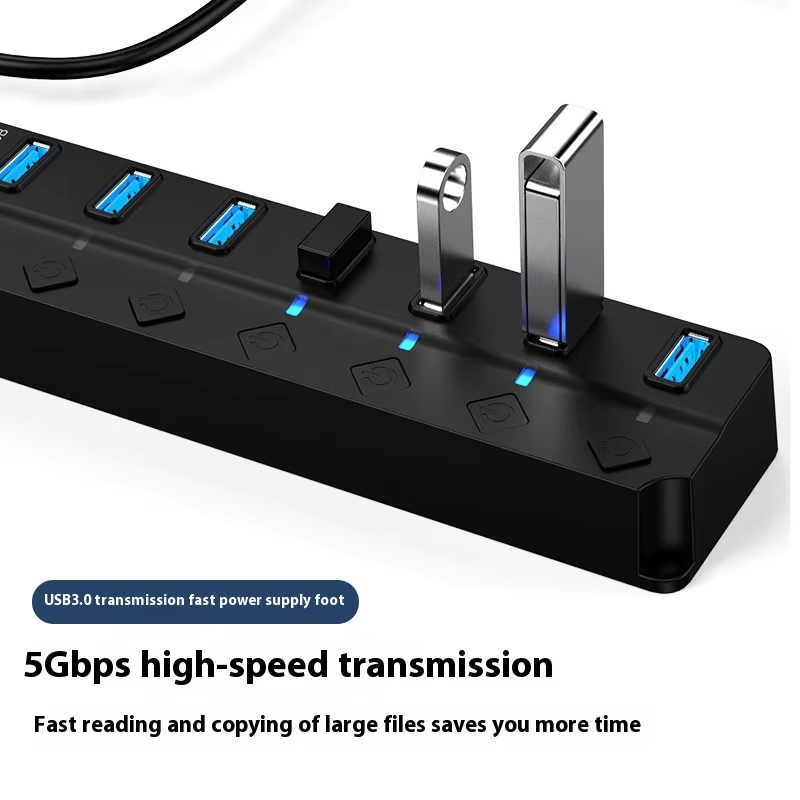 7‑Port High‑Speed USB 3.0 Hub with Power Adapter, Switch & Extended Cable