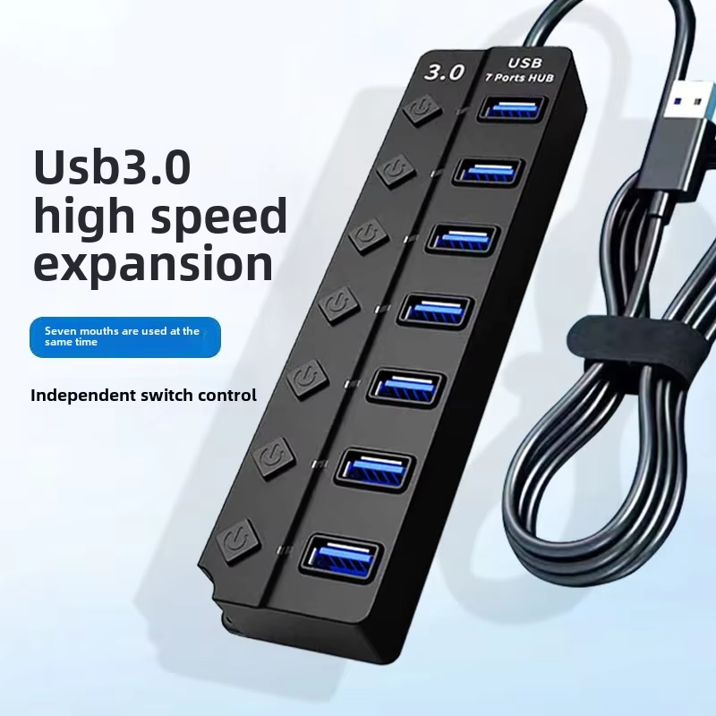 7‑Port High‑Speed USB 3.0 Hub with Power Adapter, Switch & Extended Cable