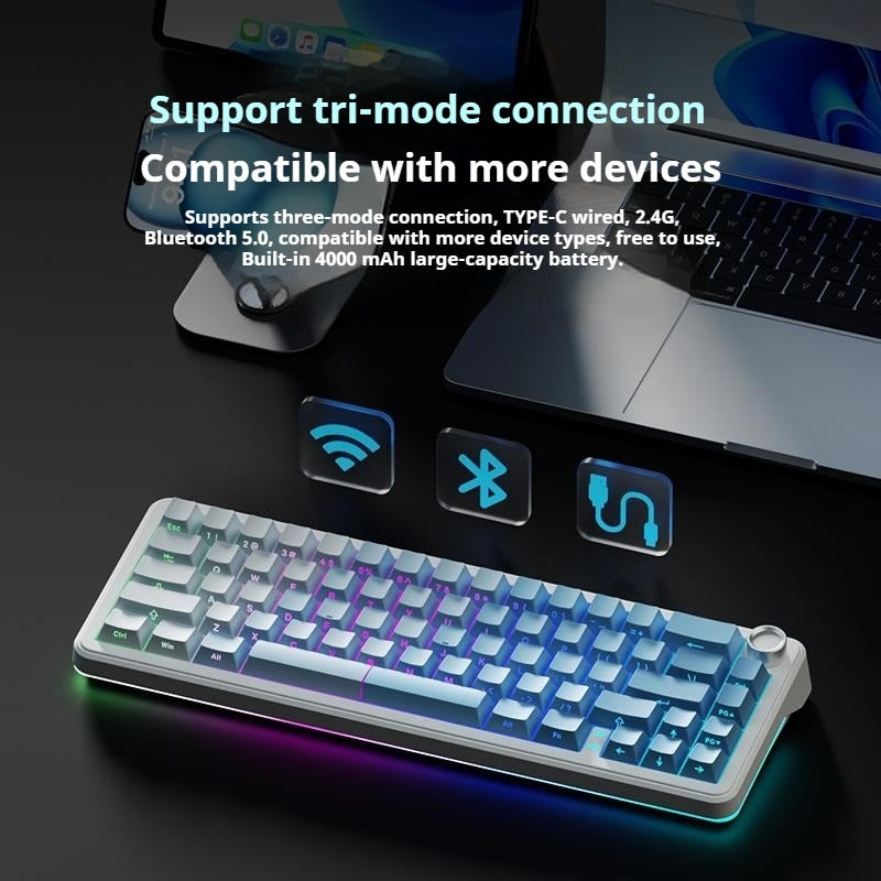 Compact Hot‑Swappable Wireless Mechanical Keyboard with RGB Lighting, 4000 mAh Battery & Rotary Knob