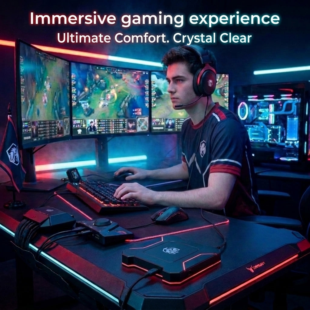 RGB Over‑Ear Wired Gaming Headset – Metal Construction, High Bass Stereo Sound, Low‑Latency USB Mic for Online Classes