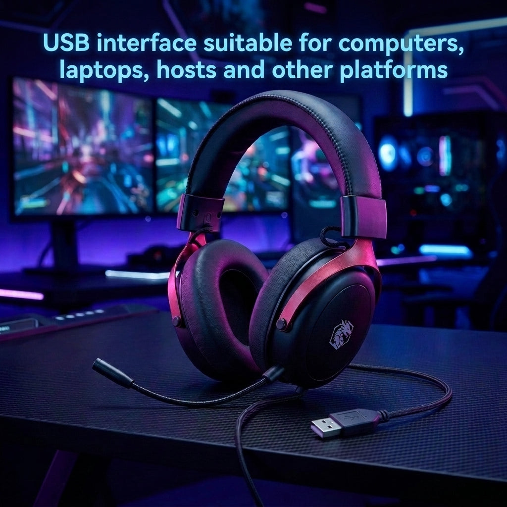RGB Over‑Ear Wired Gaming Headset – Metal Construction, High Bass Stereo Sound, Low‑Latency USB Mic for Online Classes