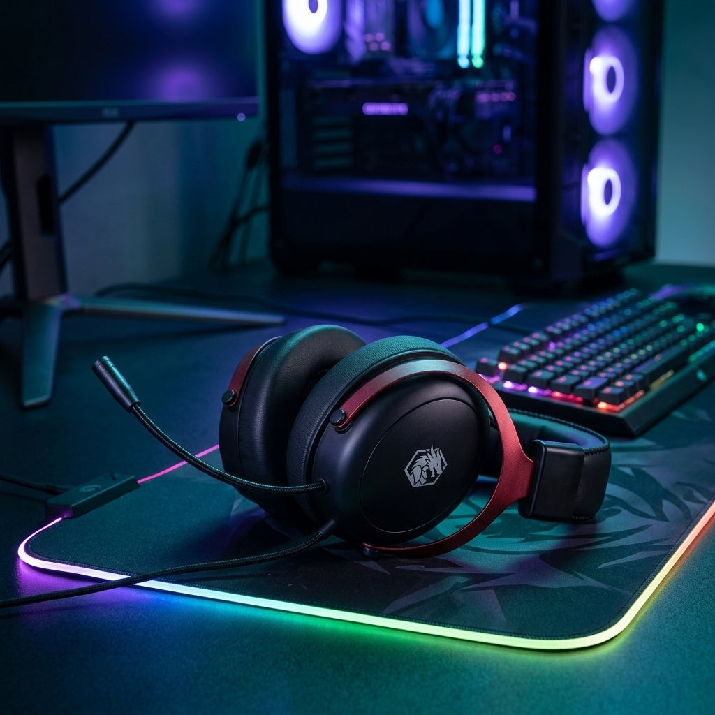 RGB Over‑Ear Wired Gaming Headset – Metal Construction, High Bass Stereo Sound, Low‑Latency USB Mic for Online Classes