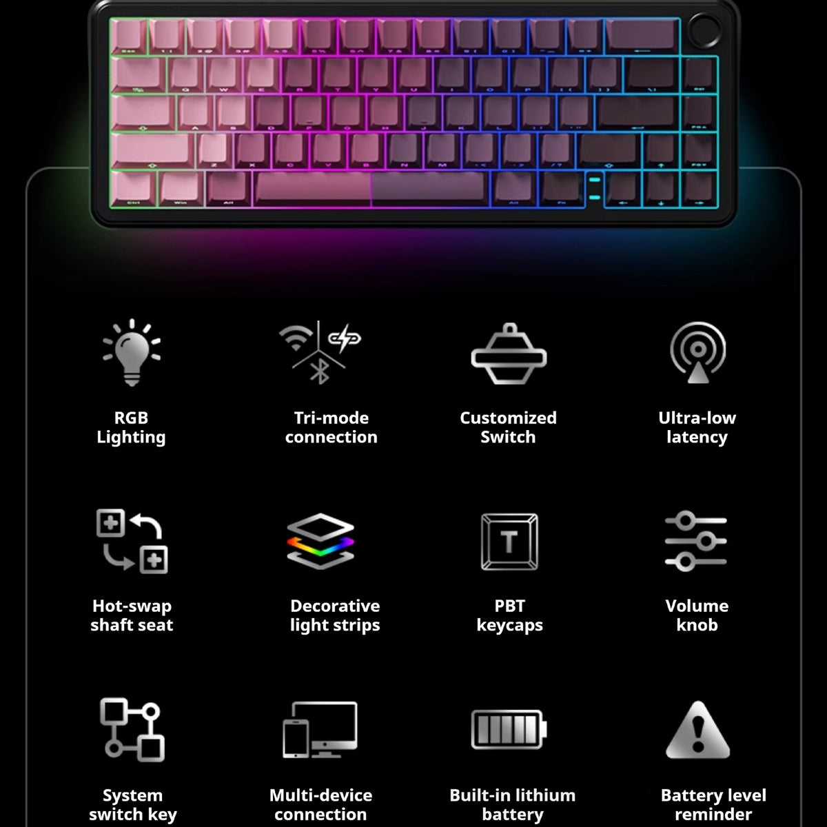 Compact Hot‑Swappable Wireless Mechanical Keyboard with RGB Lighting, 4000 mAh Battery & Rotary Knob