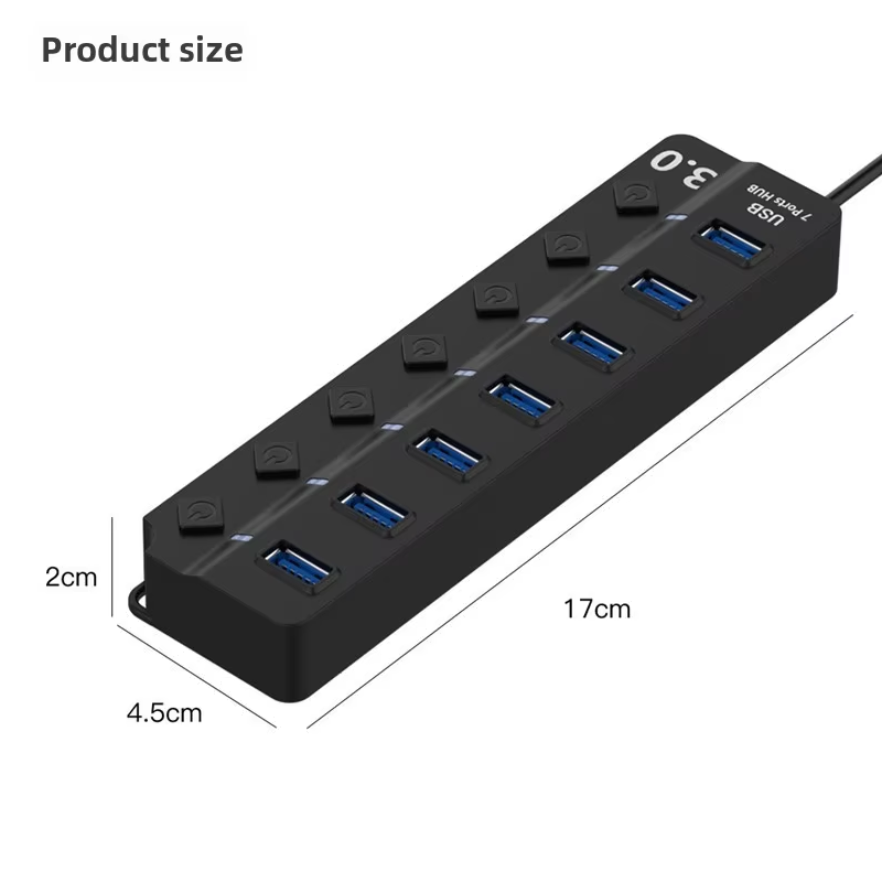 7‑Port High‑Speed USB 3.0 Hub with Power Adapter, Switch & Extended Cable