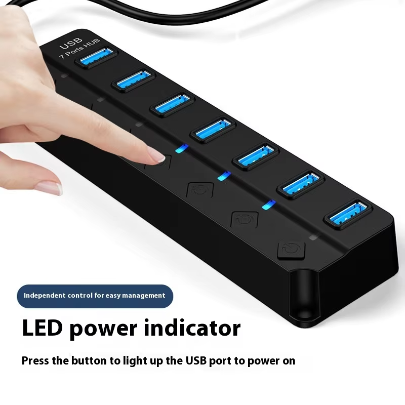 7‑Port High‑Speed USB 3.0 Hub with Power Adapter, Switch & Extended Cable