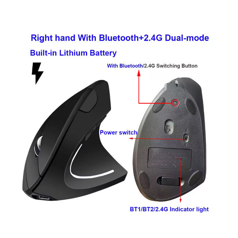 3D Right-Hand Vertical Ergonomic Wireless Mouse – Bluetooth & 2.4 GHz, Rechargeable Gaming & Productivity